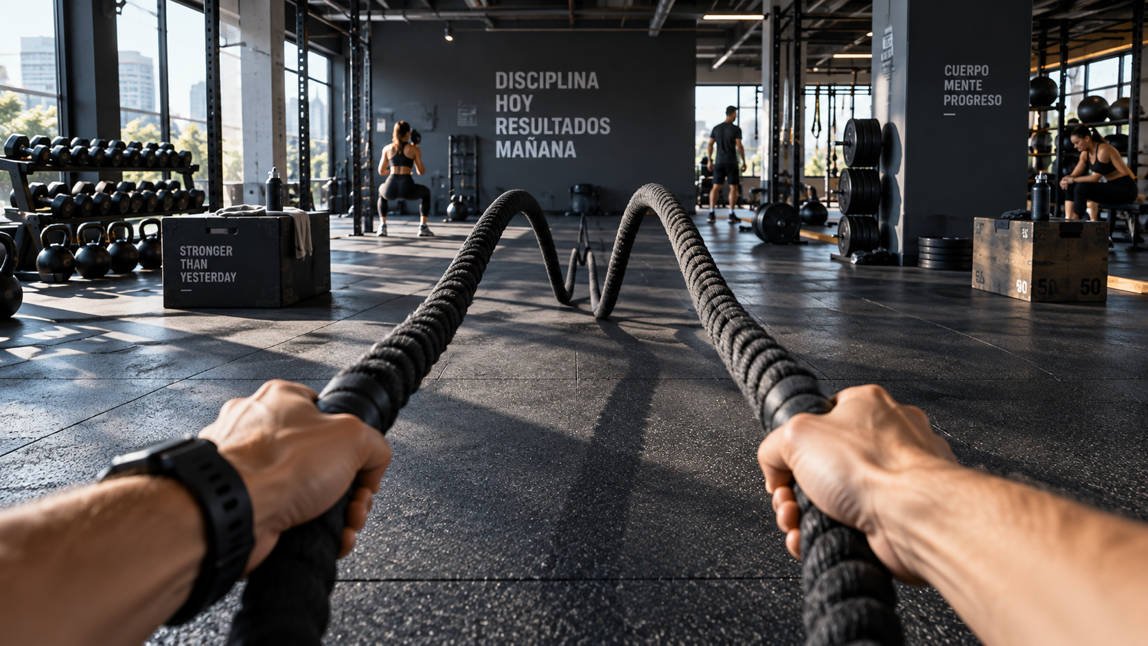 Vista en primera persona entrenando con battle ropes en el gimnasio